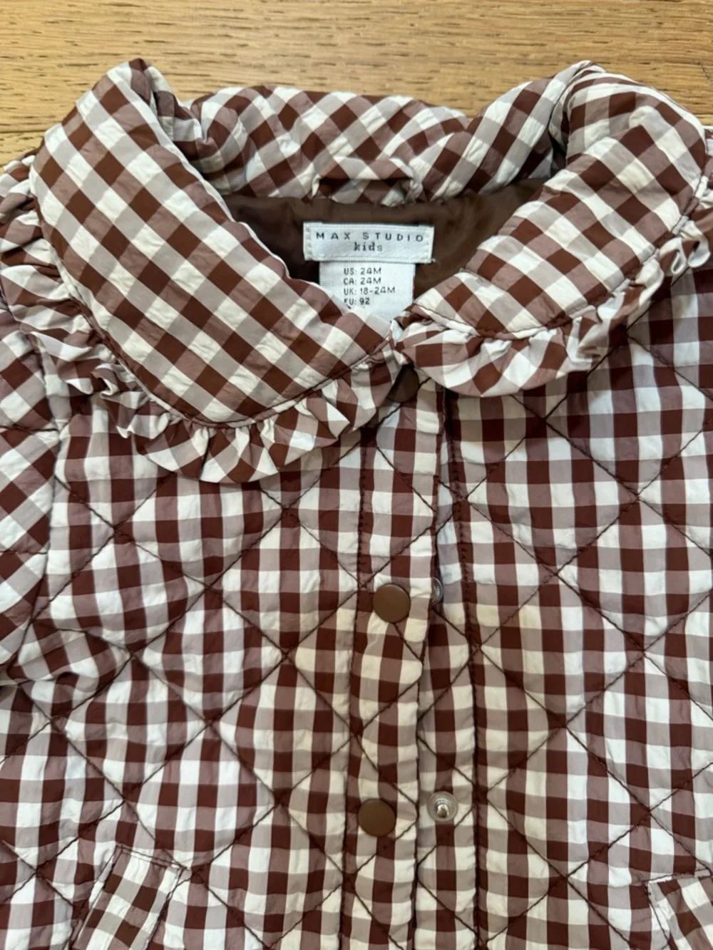Max Studio Kids brown & white Gingham Quilted Girls Fall Jacket 24m VGUC
